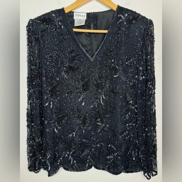 Stenay Women’s Vintage Black Beaded V-Neck Blouse Size M - Picture 1 of 11